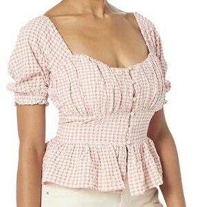 Guess Meri pink White Checkered SEERSUCKER Gingham Blouse M NWT